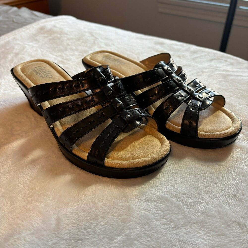 RIALTO Valencia Black Chunky Wedge Heel Slide Sandals Size 7